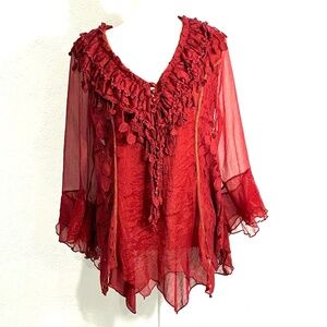 Pretty Angel Deep RED Tunic, Sheer Long Sleeves, Lace, Crochet Detail Size L